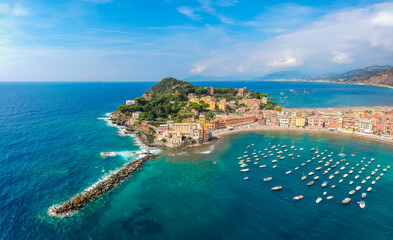 Sestri Levante aerial view, Liguria, Italy, Europe. Summer beach, sea