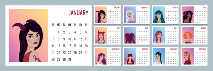 2024 monthly Zodiac calendar with the astrological sign as beautiful girls. The week starts Sunday. 12 months of the year.