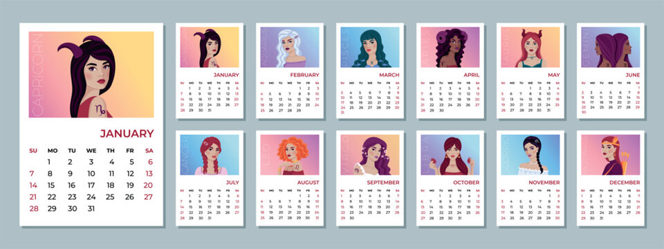 2024 monthly Zodiac calendar with the astrological sign as beautiful girls. The week starts Sunday. 12 months of the year.