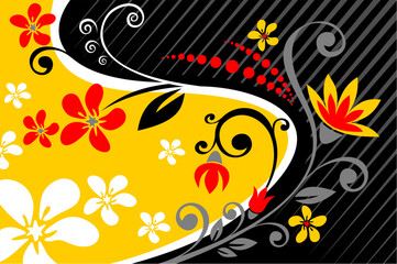 Abstract flowers pattern on a black striped background.