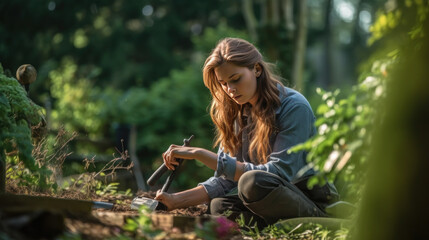 Girl in garden planting Generative Ai