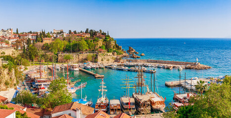 Kaleici port in Antalya, Turkey. Old town and harbor in sunny summer
