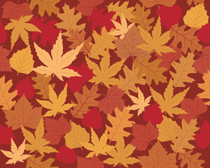 Seamless vector wallpaper of maple, oak and beach leaves in autumn colors