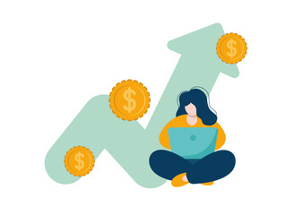 Investment finance growth coins, business success, stock market analysis, crypto trend line or forex trade vector concept. Tiny Woman is using laptop to analyze candlestick chart and stock value