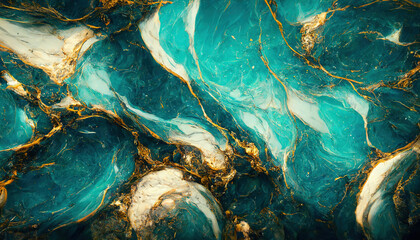 Abstract turquoise and gold marble textured background. AI