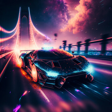 Supercar speed, bridge, synthwave, outrun, stylized, Generative AI