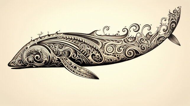 Abstract whale tattoo design with patterns and swirl