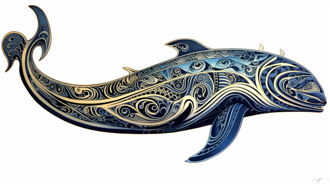 Abstract whale tattoo design with patterns and swirl