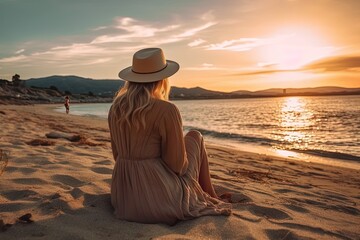 A tranquil scene capturing a woman at the shoreline of a sunlit beach, admiring the vibrant hues of the setting sun.