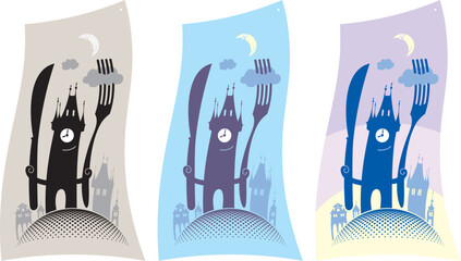 The old town tower invites to a restaurant for a dinner. Vector design.