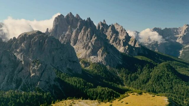 Aerial view of Dolomites mountain range, Veneto, Italy.
