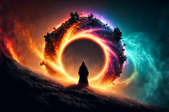 Mystic through a vibrant colorful Portal, Generative AI