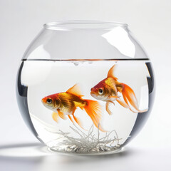 A colorful goldfish swims gracefully in a clear glass bowl, adding a touch of nature to any room. AI Generative.