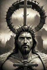 Obraz premium Jesus Christ in black and white digital illustration