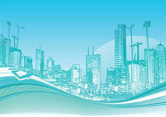 Vector illustration of Big City. Blue urban background with abstract composition of dots and curved lines.