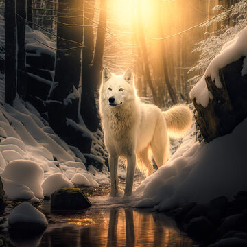 White Wolf at Sunrise in the snow, Generative AI