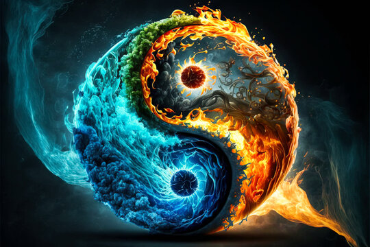 Yin Yang symbol water and fire theme, Generative AI