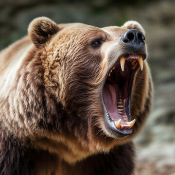 Fierce brown bear baring teeth with room for text, generative AI