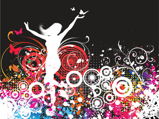 Silhouette of a female dancing on a chaotic grunge background