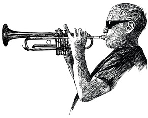 Ink drawing vector illustration of a jazz trumpet player © Designpics