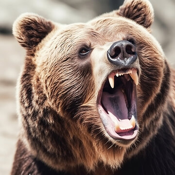 Fierce brown bear showing its teeth with copyspace area, generative AI