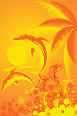 Tropic background with palm tree and two dolphins