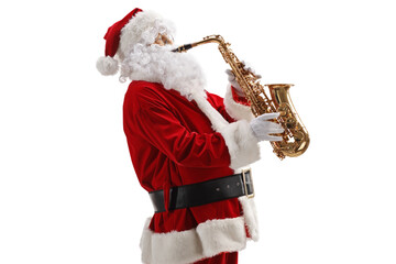 Profile shot of Santa playing a saxophone
