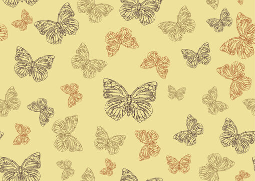 Vector illustration of many funky hand-drawn butterflies of different size  flying around  . Seamless Pattern.
