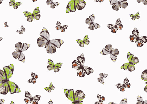 Vector illustration of many funky butterflies of different colors flying around. Seamless Pattern.