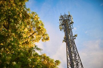 5G transmitter mast against the blue sky between the trees