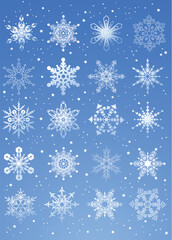24 beautiful cold crystal gradient snowflakes - vector illustration. Fully editable, easy color change.