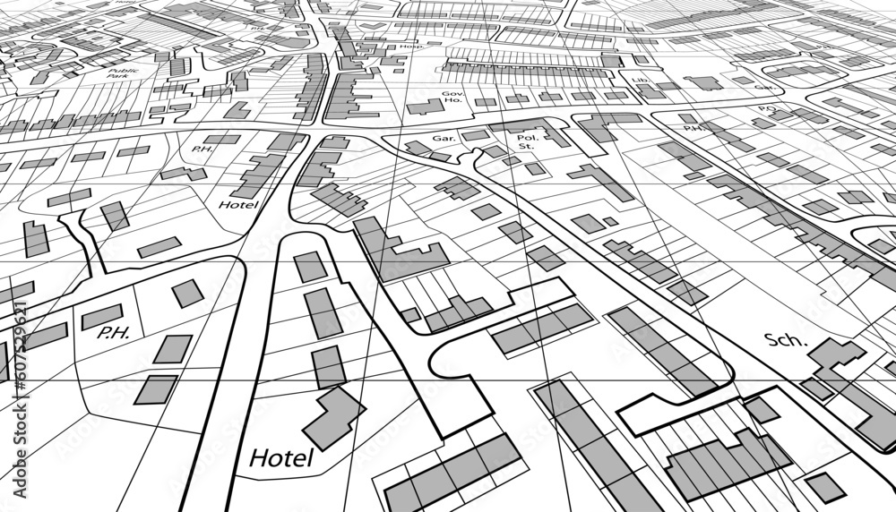 Poster angled view of an editable vector housing map of a generic town