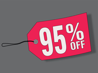 95% off in price tags with black string on gray background. Special offer or shopping discount label. Retail paper sticker. Promotional sale badge