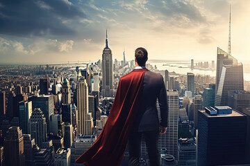 A business man dressed in a red superhero cape gazes ahead at a vast city. The image is composed with dramatic lighting. Generative AI, AI. - obrazy, fototapety, plakaty