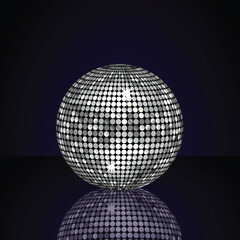Metallic silver disco ball reflected on a blue shiny surface