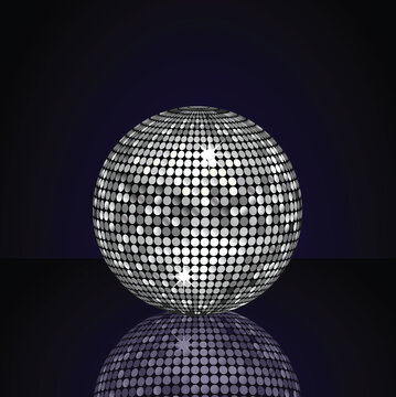 Metallic silver disco ball reflected on a blue shiny surface