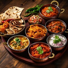 Variety traditional Indian dishes on the wooden table, selection of assorted spicy food. generative AI technology
