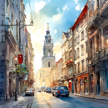 Cityscape Serenade: Watercolor Illustrations of Capital Streets Generative AI