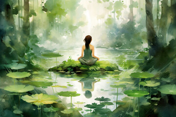 Watercolour painting - Tranquility - Peaceful woods - Yoga - Meditation - Generative AI
