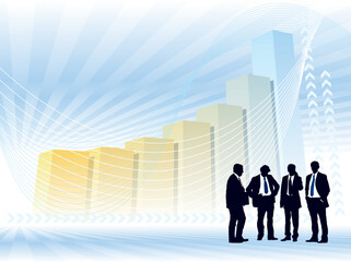 Obraz premium Teamwork and a large chart in the background, conceptual business illustration.