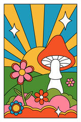 70s, 90s groovy posters, retro print with hippie elements. Cartoon psychedelic landscape with mushrooms and flowers, vintage funky print.