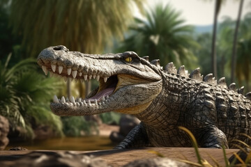 Fototapeta premium A magnificent crocodile in its natural habitat, displaying the awe-inspiring beauty of wildlife and the delicate balance of the wetland ecosystem. Generative Ai, Ai.