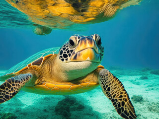 Fototapeta premium In the photo, a turtle is seen gracefully swimming underwater. Its shell provides protection as it glides through the water with ease.Generative Ai, Ai.