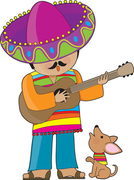 A Mexican man playing guitar and serenading his little chihuahua