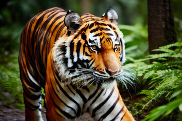 Fototapeta na wymiar Digital photo of a bengal tiger in summer tropical rain forest. Wildlife imagery, the concept of ecological environment. Generative AI