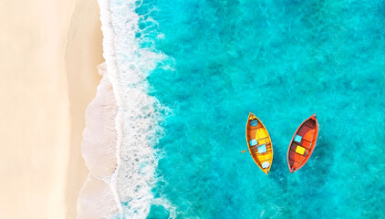 Aerial View of Sandy Tropical Beach and Ocean with Two Yellow and Red Boats Floating on Turquoise Water. AI generative. Summer Poster Background. - obrazy, fototapety, plakaty