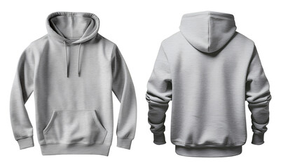 Set of grey front and back view tee hoodie hoody sweatshirt on transparent background cutout, PNG file. Mockup template for artwork graphic design