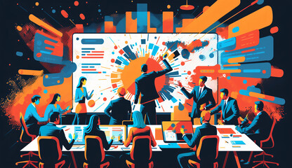 Business meeting - Group of people looking at a flashy presentation - Vivid Colors - Business Illustration - Generative AI