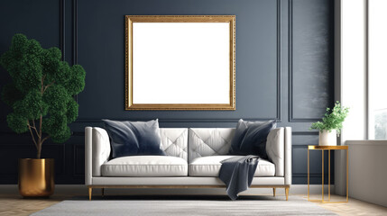 Empty picture frame hanging above a blue sofa in a living room Generative ai