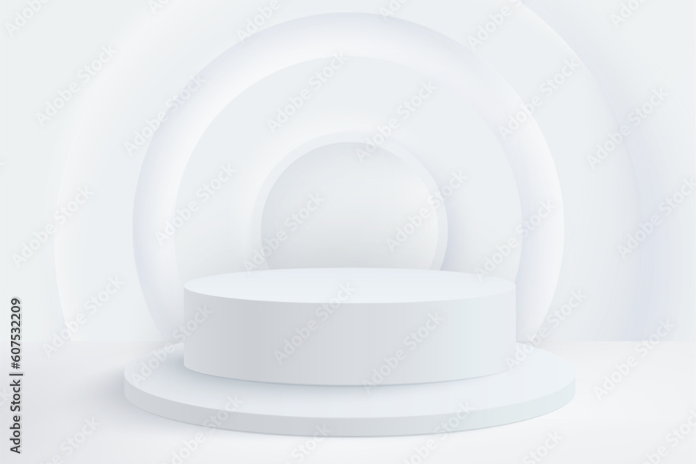 Poster white cylinder podium and round neumorphic shapes on background. minimal scene for product display p